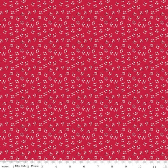Image of Berry & Sage Corsage Jazzberry quilting cotton fabric by Lori Holt for Riley Blake Designs. Features flowers on a red background. Cute Little Fabric Shop.