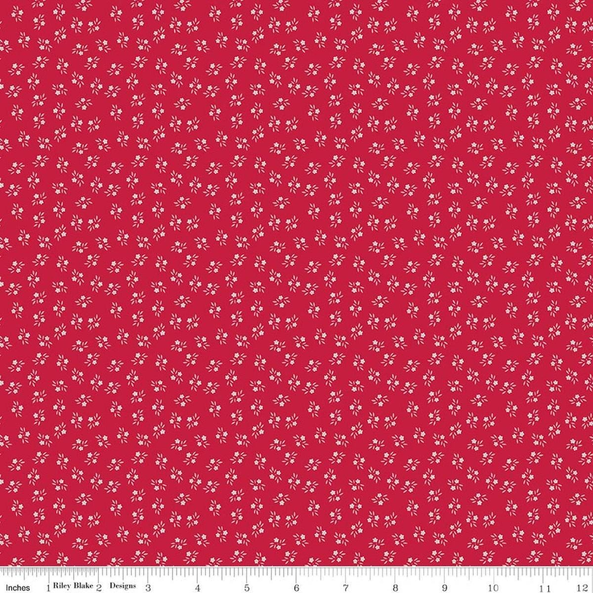 Image of Berry & Sage Corsage Jazzberry quilting cotton fabric by Lori Holt for Riley Blake Designs. Features flowers on a red background. Cute Little Fabric Shop.