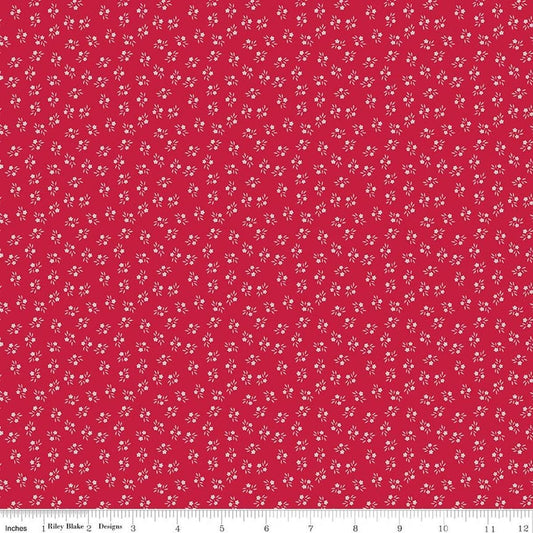 Image of Berry & Sage Corsage Jazzberry quilting cotton fabric by Lori Holt for Riley Blake Designs. Features flowers on a red background. Cute Little Fabric Shop.