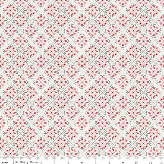 Image of Berry & Sage Wallpaper Latte quilting cotton fabric by Lori Holt for Riley Blake Designs. Features flowers on a cream background. Cute Little Fabric Shop.