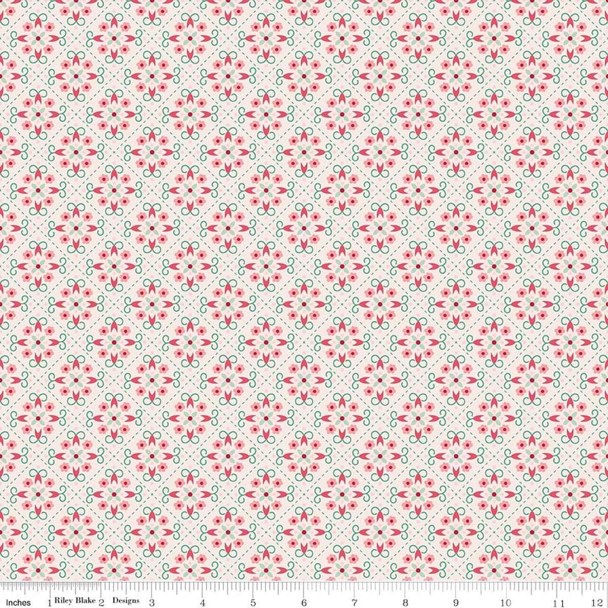 Image of Berry & Sage Wallpaper Latte quilting cotton fabric by Lori Holt for Riley Blake Designs. Features flowers on a cream background. Cute Little Fabric Shop.