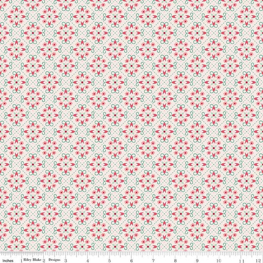 Image of Berry & Sage Wallpaper Latte quilting cotton fabric by Lori Holt for Riley Blake Designs. Features flowers on a cream background. Cute Little Fabric Shop.