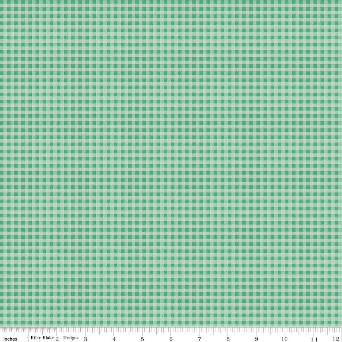 Image of Berry & Sage Homespun Alpine quilting cotton fabric by Lori Holt for Riley Blake Designs. Features gingham on a green background. Cute Little Fabric Shop.