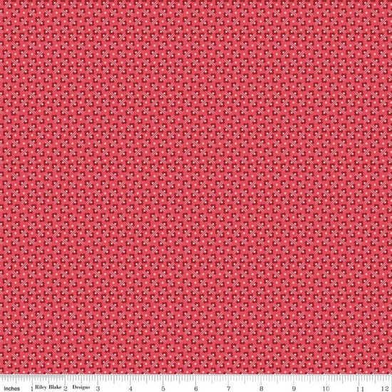 Image of Berry & Sage Flower Bed Tea Rose quilting cotton fabric by Lori Holt for Riley Blake Designs. Features flowers on a red background. Cute Little Fabric Shop.