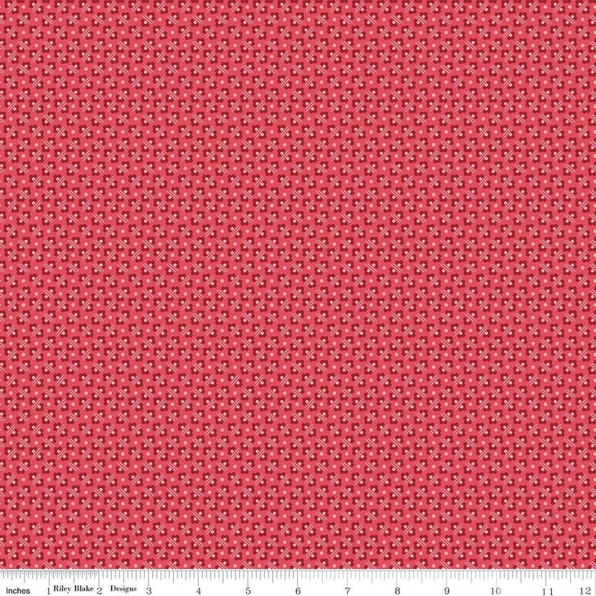 Image of Berry & Sage Flower Bed Tea Rose quilting cotton fabric by Lori Holt for Riley Blake Designs. Features flowers on a red background. Cute Little Fabric Shop.