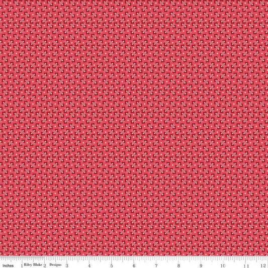 Image of Berry & Sage Flower Bed Tea Rose quilting cotton fabric by Lori Holt for Riley Blake Designs. Features flowers on a red background. Cute Little Fabric Shop.