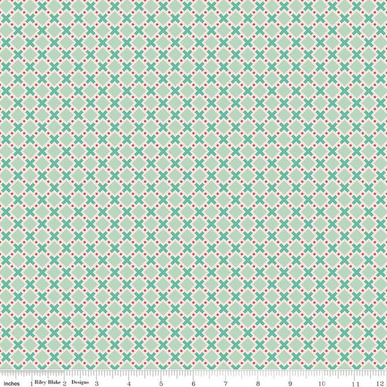 Image of Berry & Sage Criss Cross Sage quilting cotton fabric by Lori Holt for Riley Blake Designs. Features a geometric pattern on a green background. Cute Little Fabric Shop.