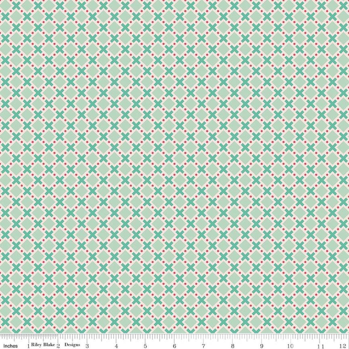 Image of Berry & Sage Criss Cross Sage quilting cotton fabric by Lori Holt for Riley Blake Designs. Features a geometric pattern on a green background. Cute Little Fabric Shop.