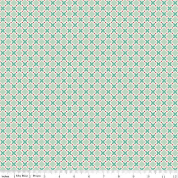 Image of Berry & Sage Criss Cross Sage quilting cotton fabric by Lori Holt for Riley Blake Designs. Features a geometric pattern on a green background. Cute Little Fabric Shop.