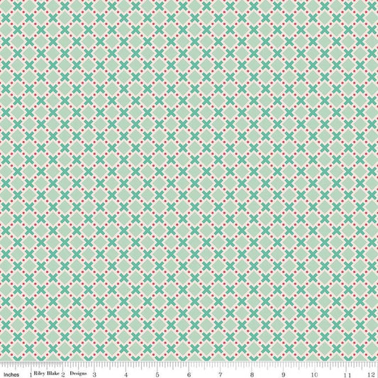 Image of Berry & Sage Criss Cross Sage quilting cotton fabric by Lori Holt for Riley Blake Designs. Features a geometric pattern on a green background. Cute Little Fabric Shop.