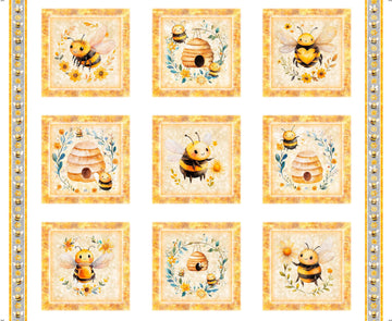 Buzz, Buzz, Buzz Bee Picture Patches Panel Multi Yellow Bee Fabric - 31700 - QT Fabrics Quilting Cotton Fabric