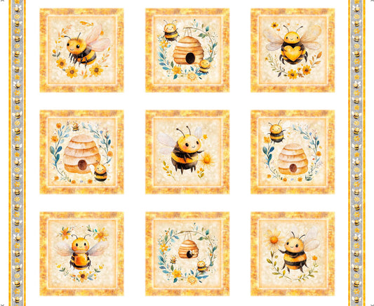 Buzz, Buzz, Buzz Bee Picture Patches Panel Multi Yellow Bee Fabric - 31700 - QT Fabrics Quilting Cotton Fabric