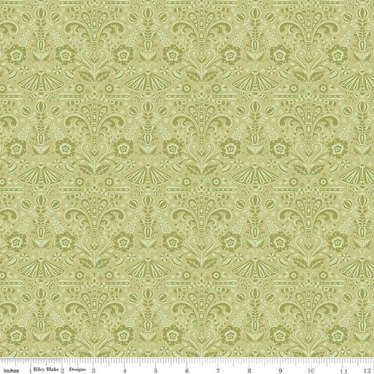 Image of Peach Cobbler Field Study Green quilting cotton fabric by Lily Ashbury for Riley Blake Designs. Features flowers and butterflies on a green background. Cute Little Fabric Shop.