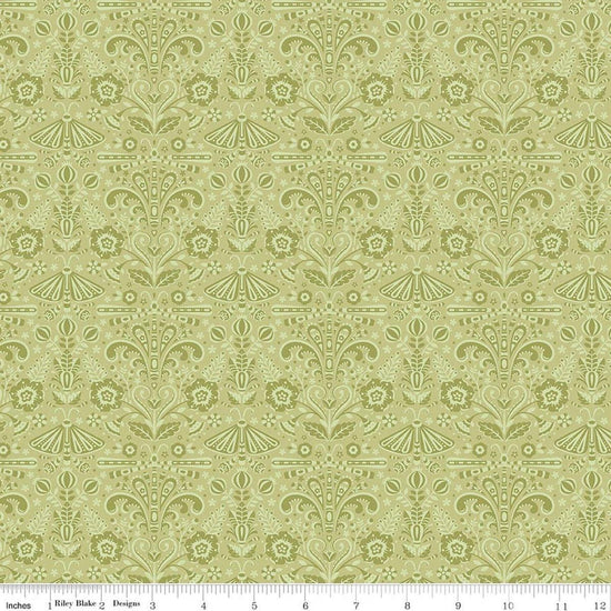 Image of Peach Cobbler Field Study Green quilting cotton fabric by Lily Ashbury for Riley Blake Designs. Features flowers and butterflies on a green background. Cute Little Fabric Shop.