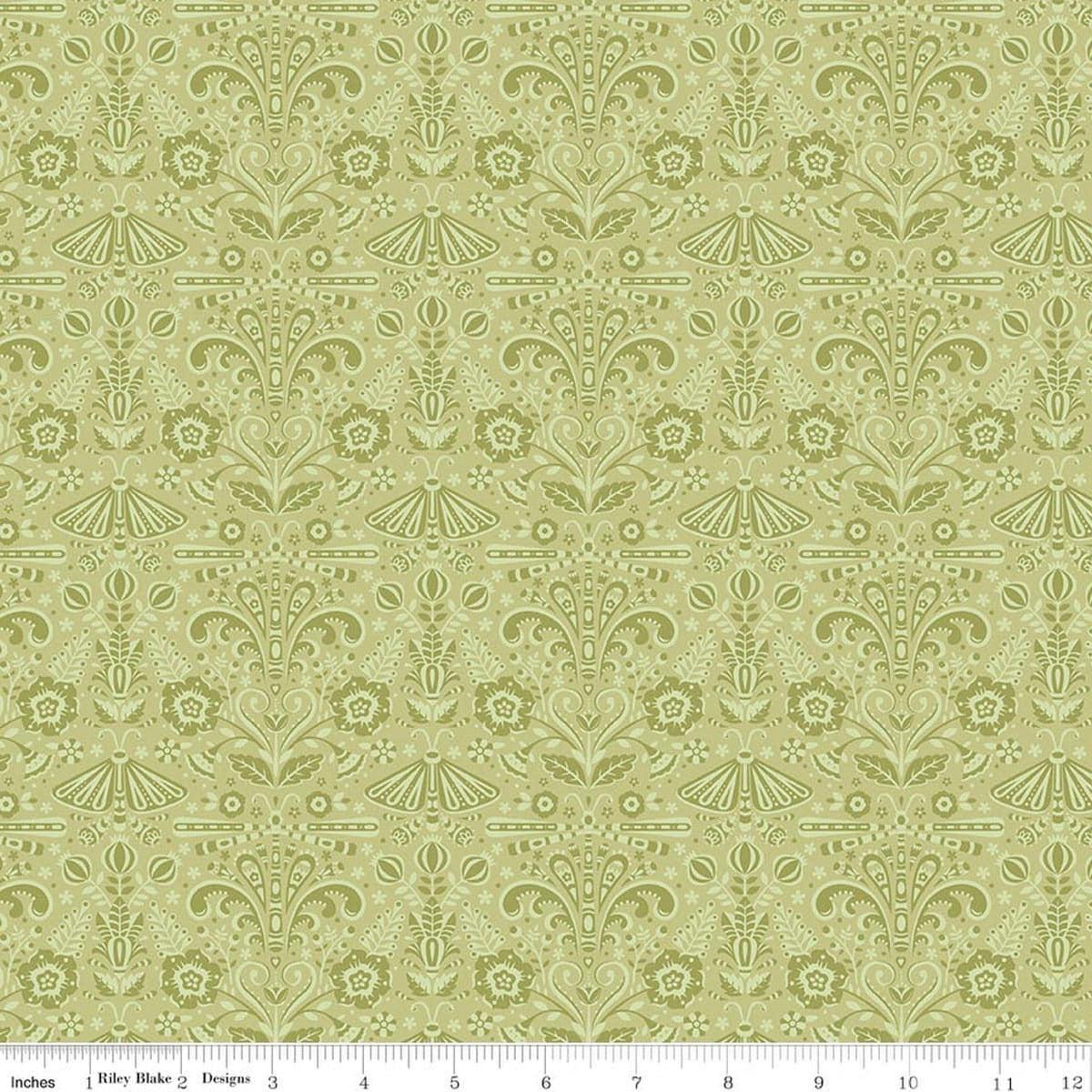 Image of Peach Cobbler Field Study Green quilting cotton fabric by Lily Ashbury for Riley Blake Designs. Features flowers and butterflies on a green background. Cute Little Fabric Shop.