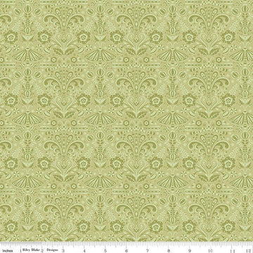Image of Peach Cobbler Field Study Green quilting cotton fabric by Lily Ashbury for Riley Blake Designs. Features flowers and butterflies on a green background. Cute Little Fabric Shop.