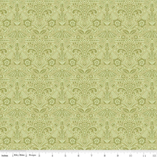 Image of Peach Cobbler Field Study Green quilting cotton fabric by Lily Ashbury for Riley Blake Designs. Features flowers and butterflies on a green background. Cute Little Fabric Shop.