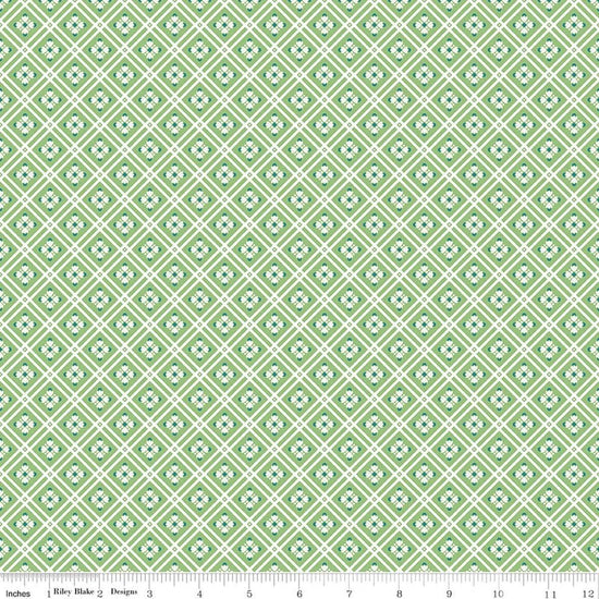 Image of Peach Cobbler Arbor Green quilting cotton fabric by Lily Ashbury for Riley Blake Designs. Features a geometric pattern on a green background. Cute Little Fabric Shop.