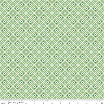 Image of Peach Cobbler Arbor Green quilting cotton fabric by Lily Ashbury for Riley Blake Designs. Features a geometric pattern on a green background. Cute Little Fabric Shop.