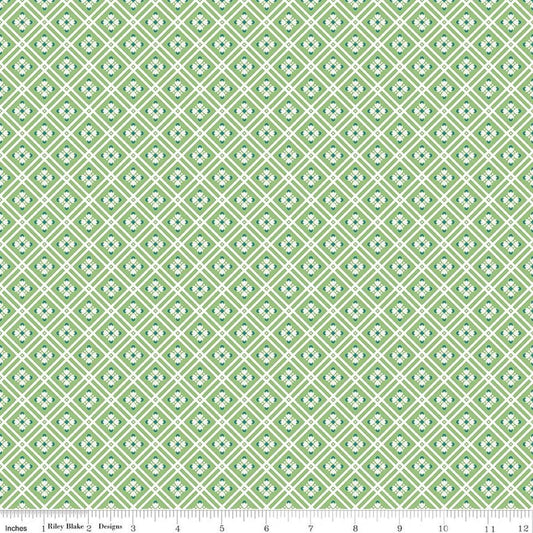 Image of Peach Cobbler Arbor Green quilting cotton fabric by Lily Ashbury for Riley Blake Designs. Features a geometric pattern on a green background. Cute Little Fabric Shop.