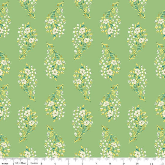Image of Peach Cobbler Daydream Green quilting cotton fabric by Lily Ashbury for Riley Blake Designs. Features flowers on a green background. Cute Little Fabric Shop.