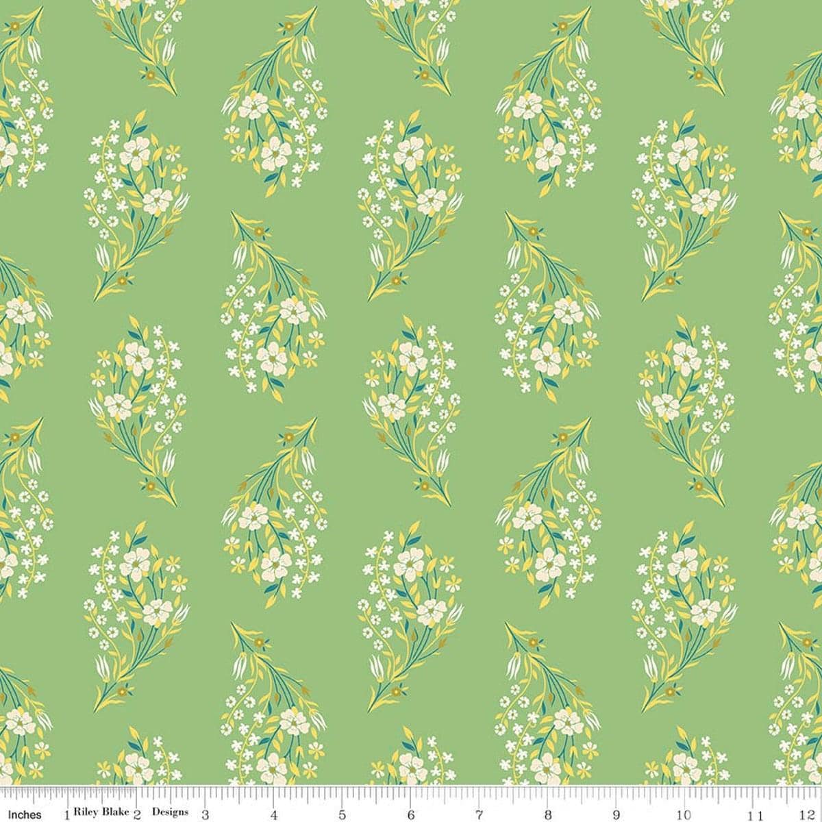 Image of Peach Cobbler Daydream Green quilting cotton fabric by Lily Ashbury for Riley Blake Designs. Features flowers on a green background. Cute Little Fabric Shop.