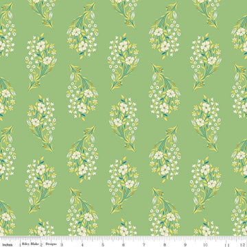 Image of Peach Cobbler Daydream Green quilting cotton fabric by Lily Ashbury for Riley Blake Designs. Features flowers on a green background. Cute Little Fabric Shop.