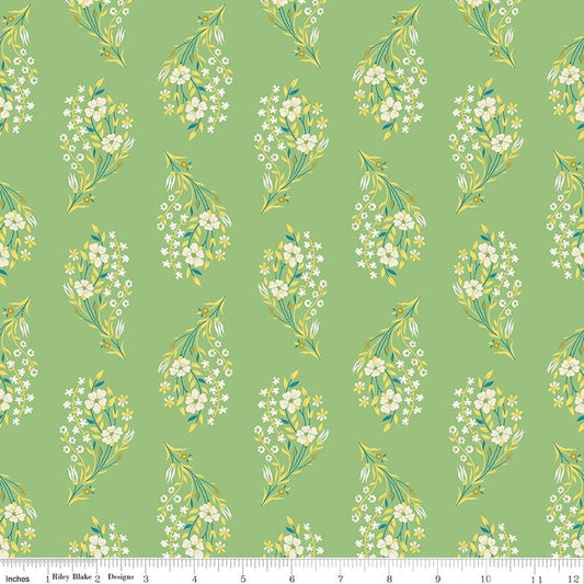 Image of Peach Cobbler Daydream Green quilting cotton fabric by Lily Ashbury for Riley Blake Designs. Features flowers on a green background. Cute Little Fabric Shop.