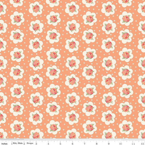 Image of Peach Cobbler Tea Tin Rose Peach quilting cotton fabric by Lily Ashbury for Riley Blake Designs. Features flowers on an orange background. Cute Little Fabric Shop.