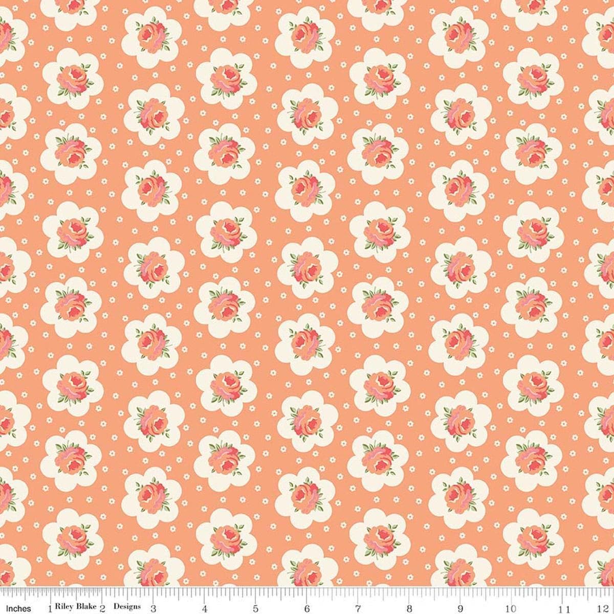 Image of Peach Cobbler Tea Tin Rose Peach quilting cotton fabric by Lily Ashbury for Riley Blake Designs. Features flowers on an orange background. Cute Little Fabric Shop.