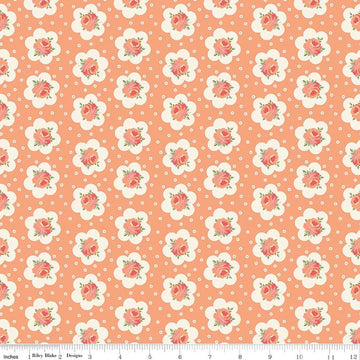 Image of Peach Cobbler Tea Tin Rose Peach quilting cotton fabric by Lily Ashbury for Riley Blake Designs. Features flowers on an orange background. Cute Little Fabric Shop.