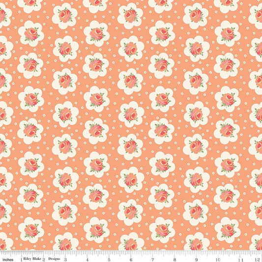 Image of Peach Cobbler Tea Tin Rose Peach quilting cotton fabric by Lily Ashbury for Riley Blake Designs. Features flowers on an orange background. Cute Little Fabric Shop.