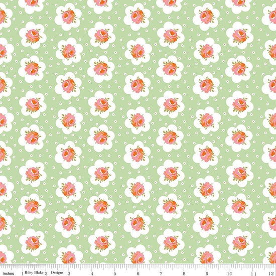 Image of Peach Cobbler Tea Tin Rose Green quilting cotton fabric by Lily Ashbury for Riley Blake Designs. Features flowers on a green background. Cute Little Fabric Shop.