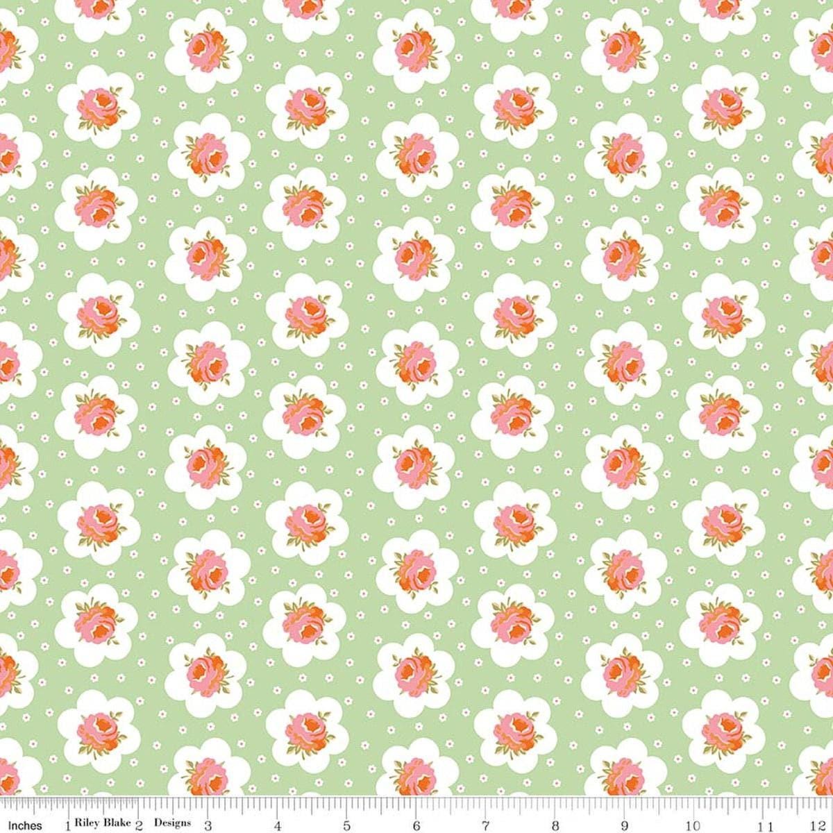 Image of Peach Cobbler Tea Tin Rose Green quilting cotton fabric by Lily Ashbury for Riley Blake Designs. Features flowers on a green background. Cute Little Fabric Shop.