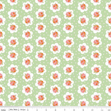 Image of Peach Cobbler Tea Tin Rose Green quilting cotton fabric by Lily Ashbury for Riley Blake Designs. Features flowers on a green background. Cute Little Fabric Shop.