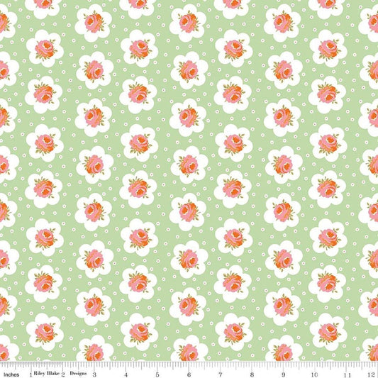 Image of Peach Cobbler Tea Tin Rose Green quilting cotton fabric by Lily Ashbury for Riley Blake Designs. Features flowers on a green background. Cute Little Fabric Shop.