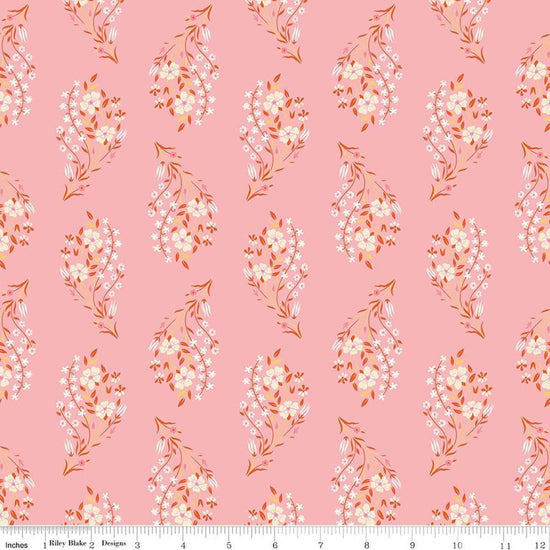Image of Peach Cobbler Daydream Pink quilting cotton fabric by Lily Ashbury for Riley Blake Designs. Features flowers on a pink background. Cute Little Fabric Shop.