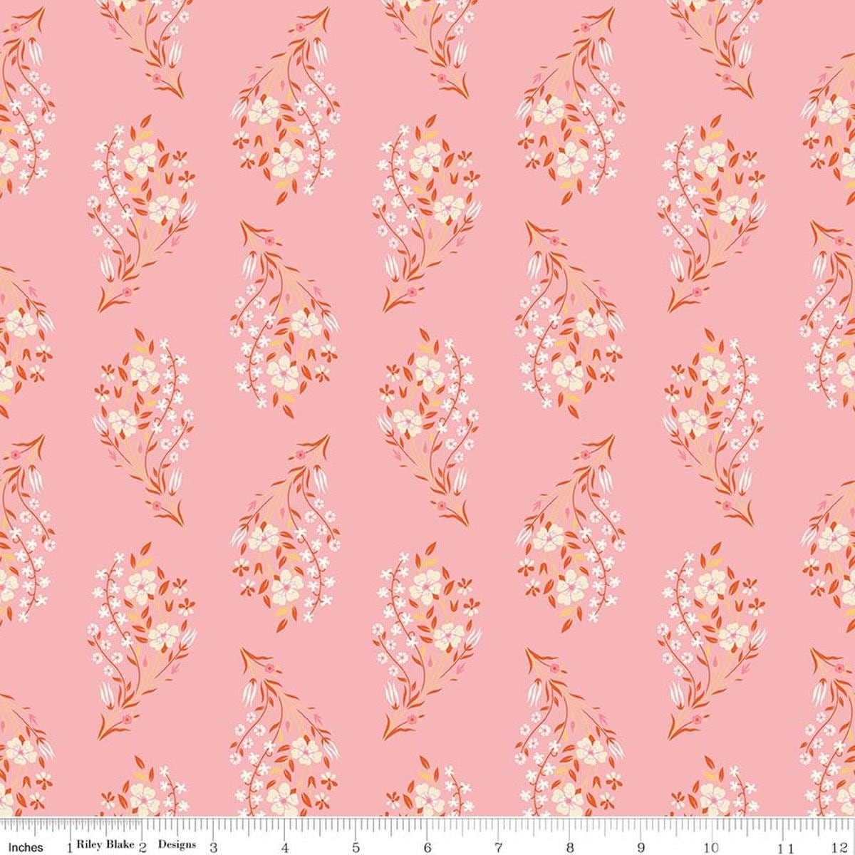 Image of Peach Cobbler Daydream Pink quilting cotton fabric by Lily Ashbury for Riley Blake Designs. Features flowers on a pink background. Cute Little Fabric Shop.