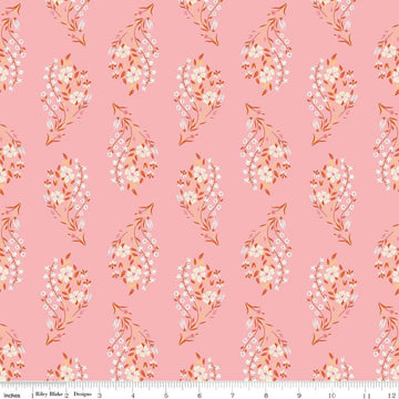 Image of Peach Cobbler Daydream Pink quilting cotton fabric by Lily Ashbury for Riley Blake Designs. Features flowers on a pink background. Cute Little Fabric Shop.