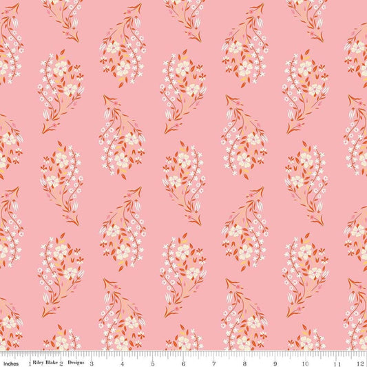 Image of Peach Cobbler Daydream Pink quilting cotton fabric by Lily Ashbury for Riley Blake Designs. Features flowers on a pink background. Cute Little Fabric Shop.