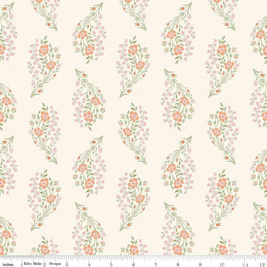 Image of Peach Cobbler Daydream Cream quilting cotton fabric by Lily Ashbury for Riley Blake Designs. Features flowers on a cream background. Cute Little Fabric Shop.