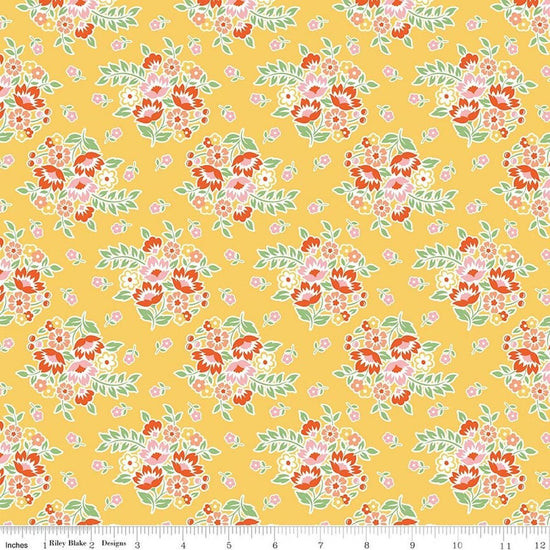 Image of Peach Cobbler Posy Yellow quilting cotton fabric by Lily Ashbury for Riley Blake Designs. Features flowers on a yellow background. Cute Little Fabric Shop.