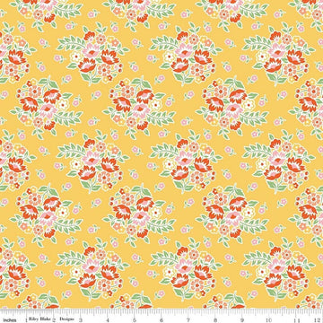 Image of Peach Cobbler Posy Yellow quilting cotton fabric by Lily Ashbury for Riley Blake Designs. Features flowers on a yellow background. Cute Little Fabric Shop.