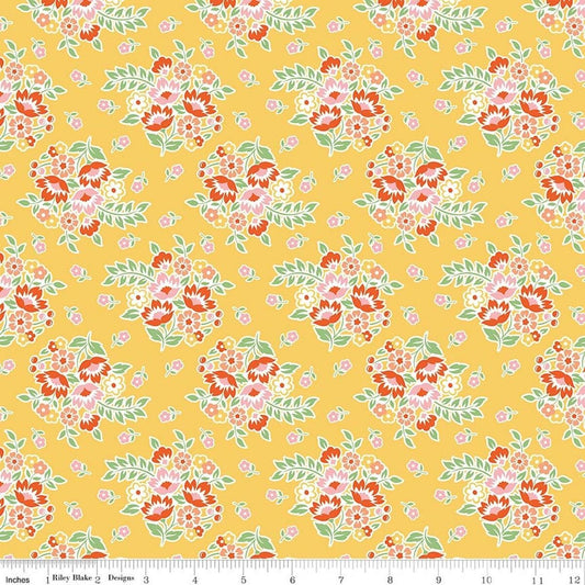 Image of Peach Cobbler Posy Yellow quilting cotton fabric by Lily Ashbury for Riley Blake Designs. Features flowers on a yellow background. Cute Little Fabric Shop.