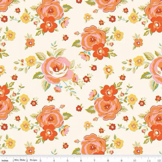 Image of Peach Cobbler Heirloom Cream quilting cotton fabric by Lily Ashbury for Riley Blake Designs. Features flowers on a cream background. Cute Little Fabric Shop.