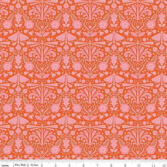 Image of Peach Cobbler Field Study Orange quilting cotton fabric by Lily Ashbury for Riley Blake Designs. Features flowers and butterflies on an orange background. Cute Little Fabric Shop.