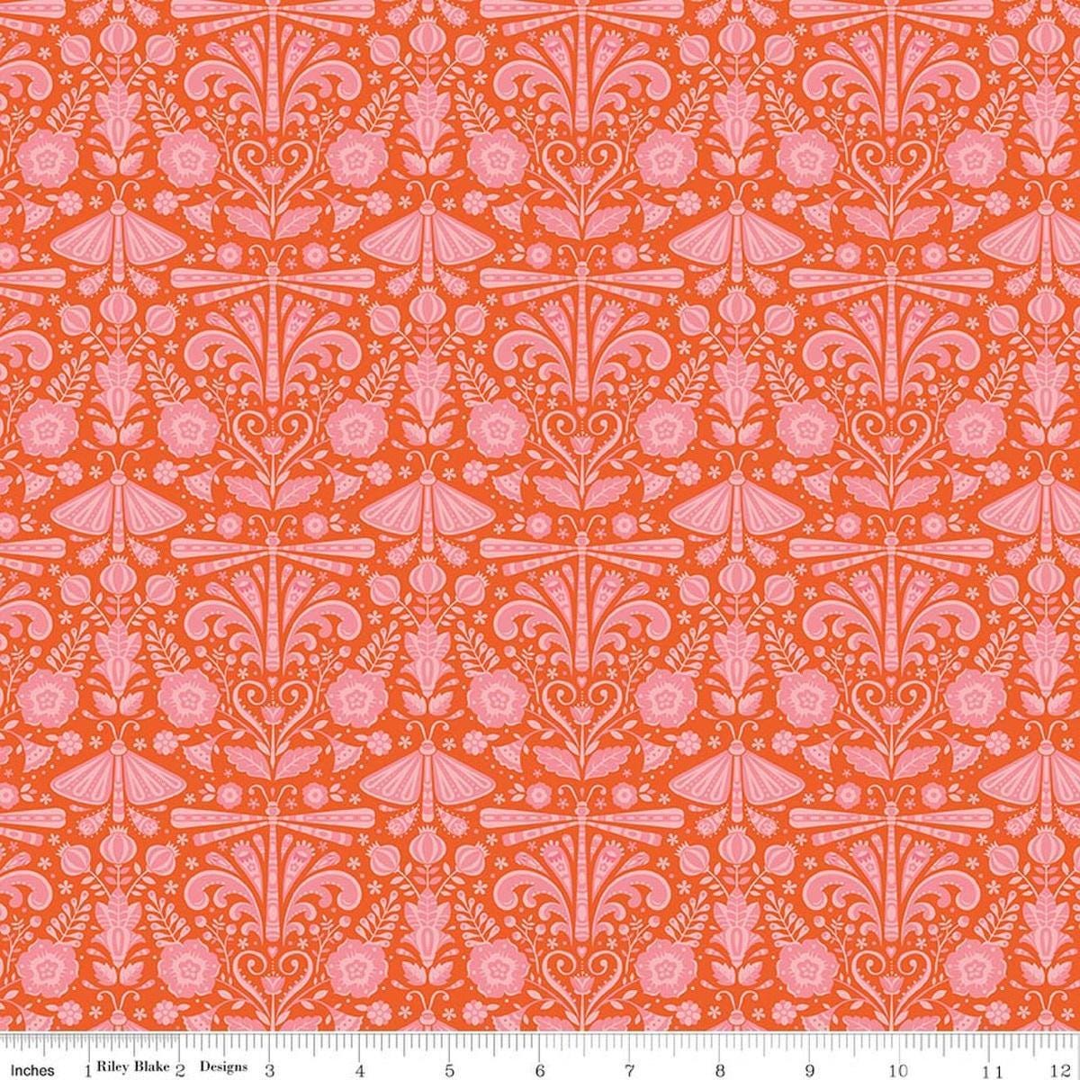 Image of Peach Cobbler Field Study Orange quilting cotton fabric by Lily Ashbury for Riley Blake Designs. Features flowers and butterflies on an orange background. Cute Little Fabric Shop.