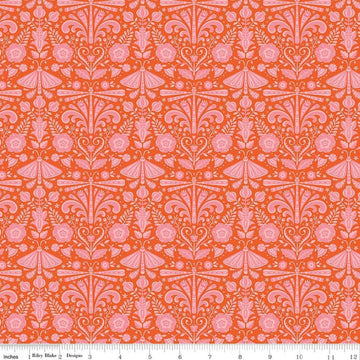 Image of Peach Cobbler Field Study Orange quilting cotton fabric by Lily Ashbury for Riley Blake Designs. Features flowers and butterflies on an orange background. Cute Little Fabric Shop.