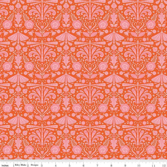 Image of Peach Cobbler Field Study Orange quilting cotton fabric by Lily Ashbury for Riley Blake Designs. Features flowers and butterflies on an orange background. Cute Little Fabric Shop.