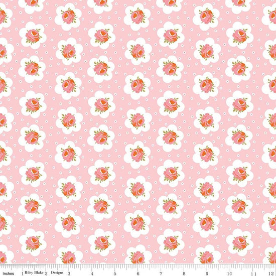 Image of Peach Cobbler Tea Tin Rose Pink quilting cotton fabric by Lily Ashbury for Riley Blake Designs. Features flowers on a pink background. Cute Little Fabric Shop.